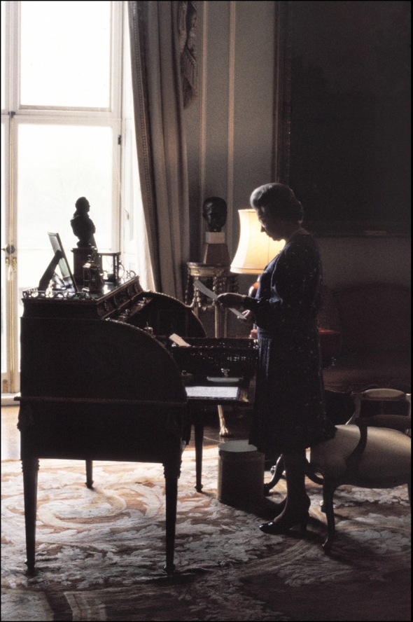 HM the Queen at her desk, Buckingham Palace, Feb.1991